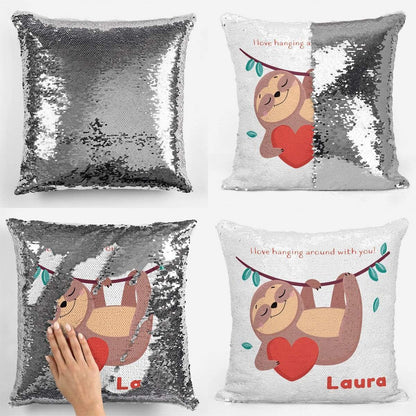 Hanging Around with You Sloth Valentines Sequin Magic Cushion