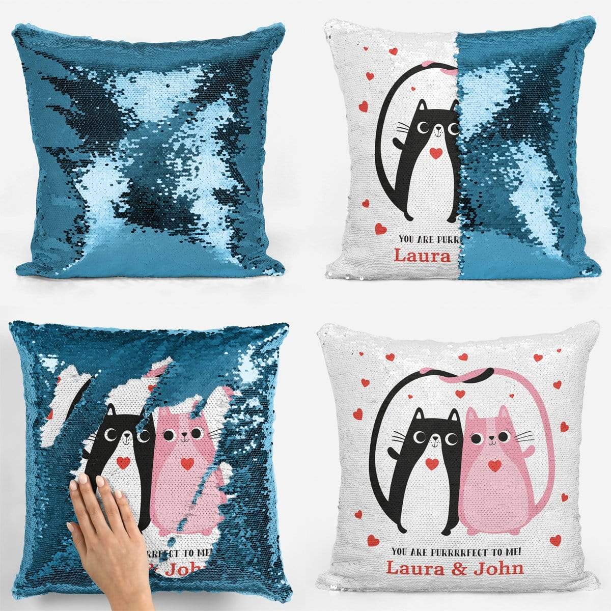 Love Heart Cat Couple Sequin Magic Cushion