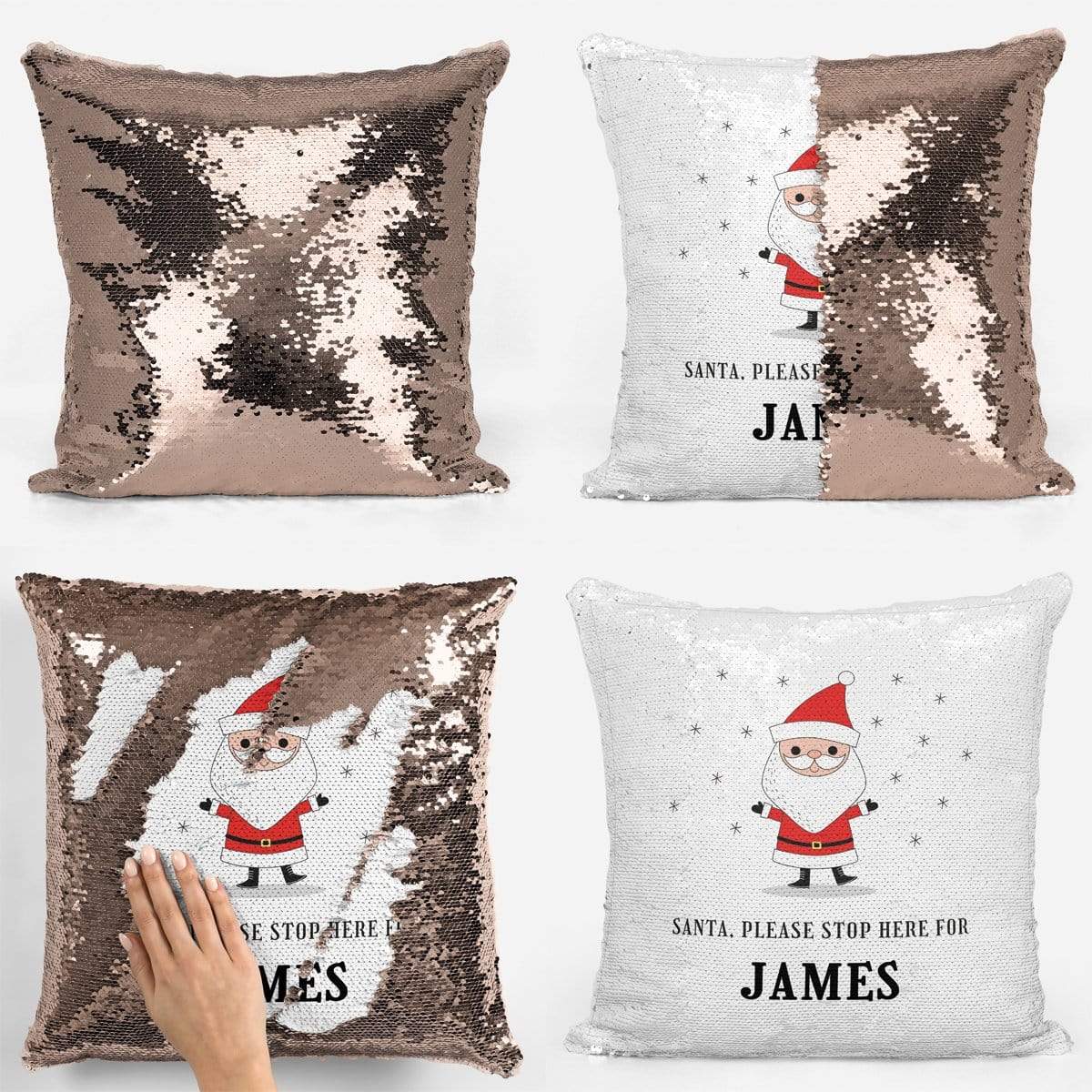 Santa Stop Here For Personalised Sequin Magic Cushion