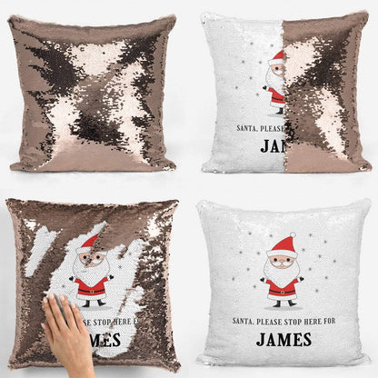 Santa Stop Here For Personalised Sequin Magic Cushion